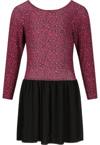 Pitkähihainen, vaaleanpunainen body, jossa on musta sydänkuvio, siirtyen mustaan liehuvään hameeseen. Sileä pinta, säädyllinen kaula-aukko.