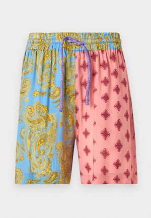 Barvne hlače s strani v modri barvi z zlatimi paisley vzorci in strani v roza barvi z bordo rdečimi diamanti, elastični pas in vezalka za zategovanje.