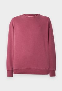 Dlhý rukáv, crewneck mikina v umytom ružovom odtieni s rebrovanými manžetami a lemovaním, a jemne vyšitým logom na ľavej hrudi.