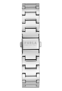Bracciale in acciaio inossidabile argentato con design a link geometrici e finitura lucidata. Presenta una chiusura centrale con nome del marchio incisa.