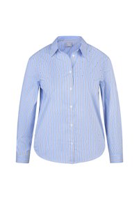 Light blue button-up shirt with vertical white and orange stripes, long sleeves, a collar, and a slightly rounded hem.