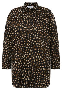Maglietta nera con motivo leopardato in tonalità beige e marrone, dotata di colletto, maniche lunghe e chiusura a bottoni. Due tasche sul petto.