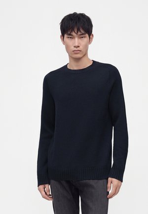Jeune homme aux cheveux courts et noirs, debout, portant un pull en maille bleu marine foncé et un pantalon gris foncé sur un fond clair uni.
