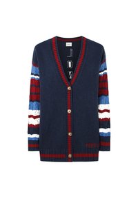 Cardigan in lana blu navy con scollo a V, caratterizzato da maniche a strisce multicolori in rosso, blu e bianco, e bottoni dorati sul davanti.