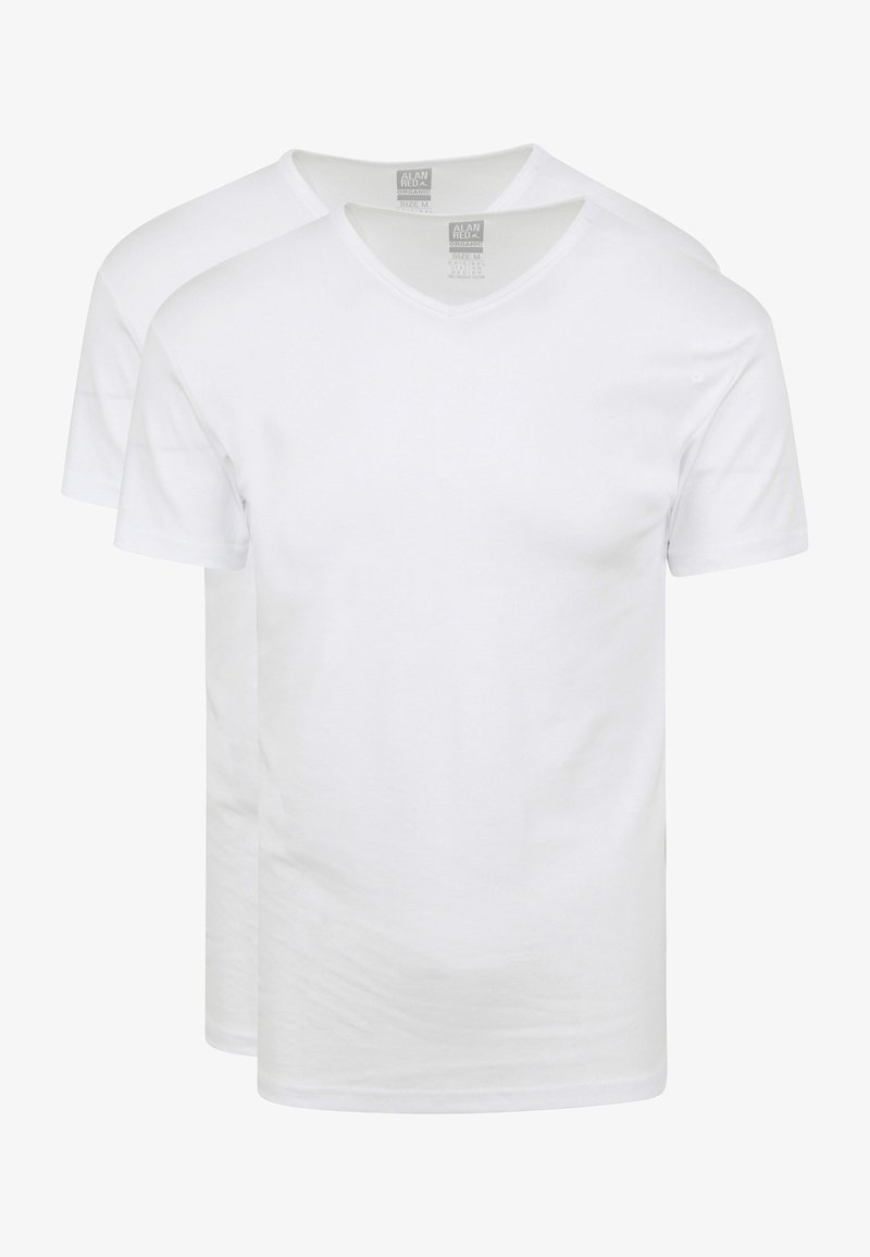 V-neck white T-shirts in a pack of two. Made of soft cotton, short sleeves, and a regular fit. Labels visible at the neckline.
