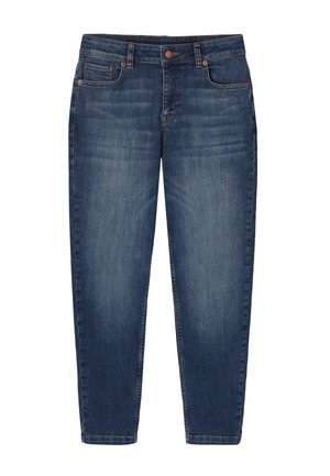 Dunkelblaue Jeans mit leichtem Verblassen. Verfügt über einen Knopfverschluss, fünf Taschen und einen geraden Schnitt mit gesäumten Kanten.