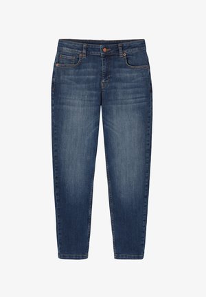 Mørkeblå denimjeans med let falmet effekt. Har knaplukning, fem-lommer-design og lige snit med kantede kanter.