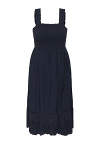 Robe sans manches bleu marine avec corsage smocké, bretelles à volants, jupe froncée et ourlet en dentelle ajourée.
