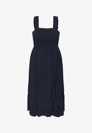 Vestido sin mangas azul marino con cuerpo fruncido, tirantes con volantes, falda fruncida y dobladillo de encaje de ojales.