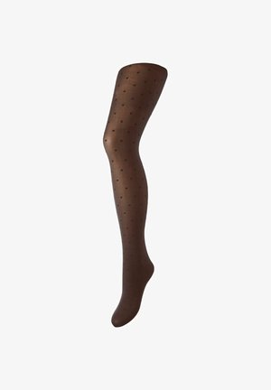 Eine einzelne schwarze transparente Strumpfhose mit kleinen Punkten, gezeigt an einer Beinpuppe vor weißem Hintergrund.