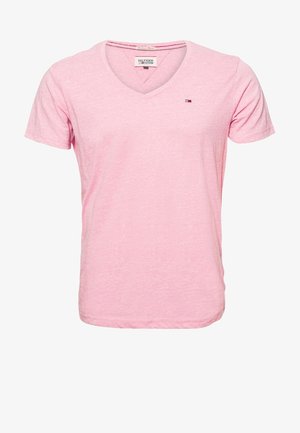 T-shirt en coton rose clair à manches courtes et col en V, avec petit logo Tommy Hilfiger sur le côté gauche de la poitrine.