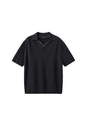 Black short-sleeve knit polo shirt with a small collar and subtle white piping detail along the neckline.