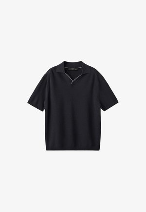 Black short-sleeve knit polo shirt with a small collar and subtle white piping detail along the neckline.