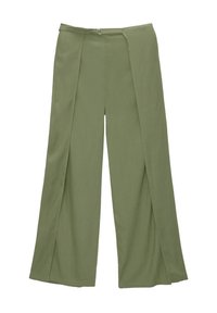 Pantalon ample couleur vert olive en tissu léger. Doté d'une fermeture éclair et d'un design plissé pour plus de texture et de profondeur.