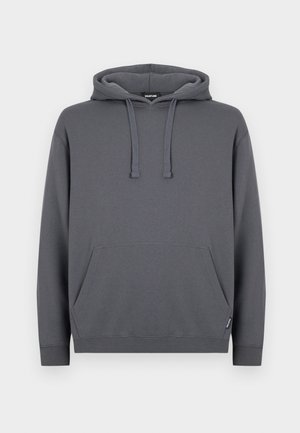 Gray hooded sweatshirt made of soft fabric, featuring a front pocket, drawstrings, and ribbed cuffs. Minimalist design with no patterns.