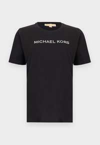 T-shirt de algodão preta com mangas curtas e decote redondo. Na parte da frente exibe "MICHAEL KORS" em strass.