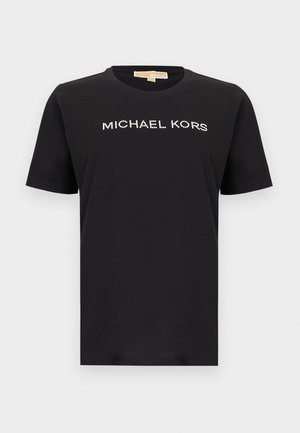 Sort bomuld T-shirt med korte ærmer og rund halsudskæring. Forsiden viser "MICHAEL KORS" i rhinsten.