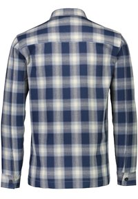 Sinivalkoruudullinen pitkähihainen paita, jossa on kaulus, nappihihansuut ja tekstuuri kuvioinnissa. Näkymä takaa.