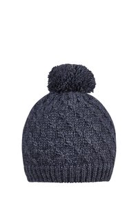 Dark gray knitted winter hat with pom-pom on top and textured pattern throughout.