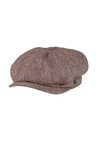 Bruin tweedpet met een ronde bovenkant, platte rand en knopdetail aan de zijkant. Heeft een gestructureerd breipatroon met een klassieke uitstraling.