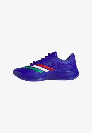 Blue athletic shoes with a mesh upper. Features red, white, and green stripes on the side. Rounded toe and textured sole for traction.