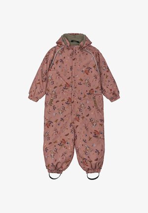Combinaison de neige rose à motifs floraux avec imprimés décoratifs, fermeture éclair frontale, poignets élastiques et sangles pour les pieds. Doublure douce et matériau extérieur résistant à l'eau.