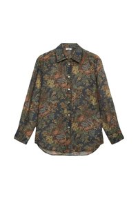 Koszula z długim rękawem zapinana na guziki, w ciemny kwiecisty wzór z różami i zielenią. Wykonana z lekkiego materiału z klasycznym kołnierzykiem.
