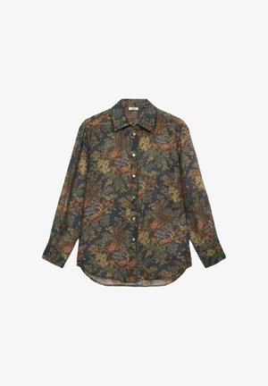 Langärmliges Button-Up-Hemd mit einem dunklen Blumenmuster aus Rosen und Grünpflanzen. Hergestellt aus leichtem Stoff mit klassischem Kragen.