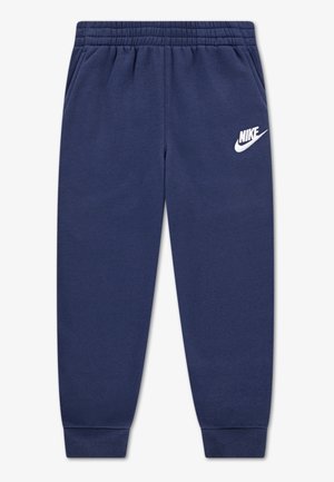 Granatowe spodnie dresowe Nike z elastycznym pasem, bocznymi kieszeniami, prążkowanymi ściągaczami i białym logo Nike na górnej lewej nogawce.
