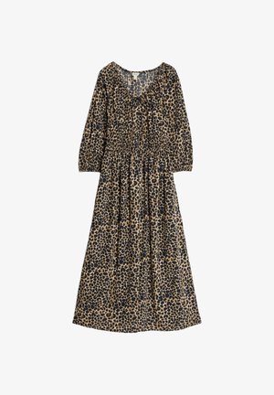 Maxi sukienka w panterkę z długimi rękawami, dekoltem w serek i marszczeniami w talii. Wykonana z lekkiego materiału w odcieniach beżu i brązu.