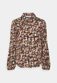 Blusa floreale con maniche lunghe, sfondo nero, caratterizzata da fiori rosa, gialli e bianchi. Design con colletto e polsini elasticizzati.