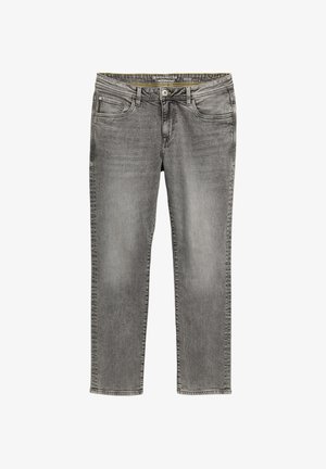 Sive kavbojke iz jeansa z ravnim krojem nogavic, z zapiranjem na gumbe spredaj, odprtinami za pas in petimi žepi. Nežna bledenje in šivi s podrobnostmi.