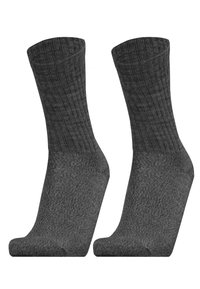 Dunkelgraue Baumwollsocken mit einer gerippten Textur und einem Crew-Längen-Design. Verstärkter Fersen- und Zehenbereich, keine sichtbaren Marken oder Muster.