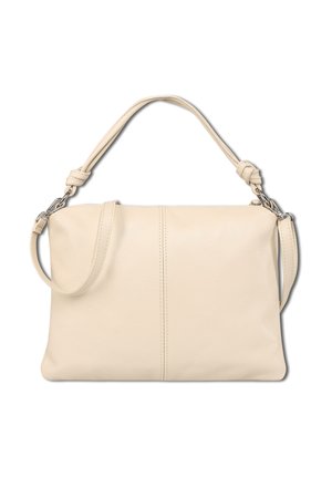Cream leather handbag with knotted handle and detachable shoulder strap, rectangular shape, smooth texture, minimal stitching detail.