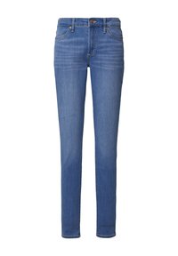 Jean bleu en denim, à coupe slim, avec un design à cinq poches et une fermeture à bouton, présentant une texture lisse et une couleur uniforme.