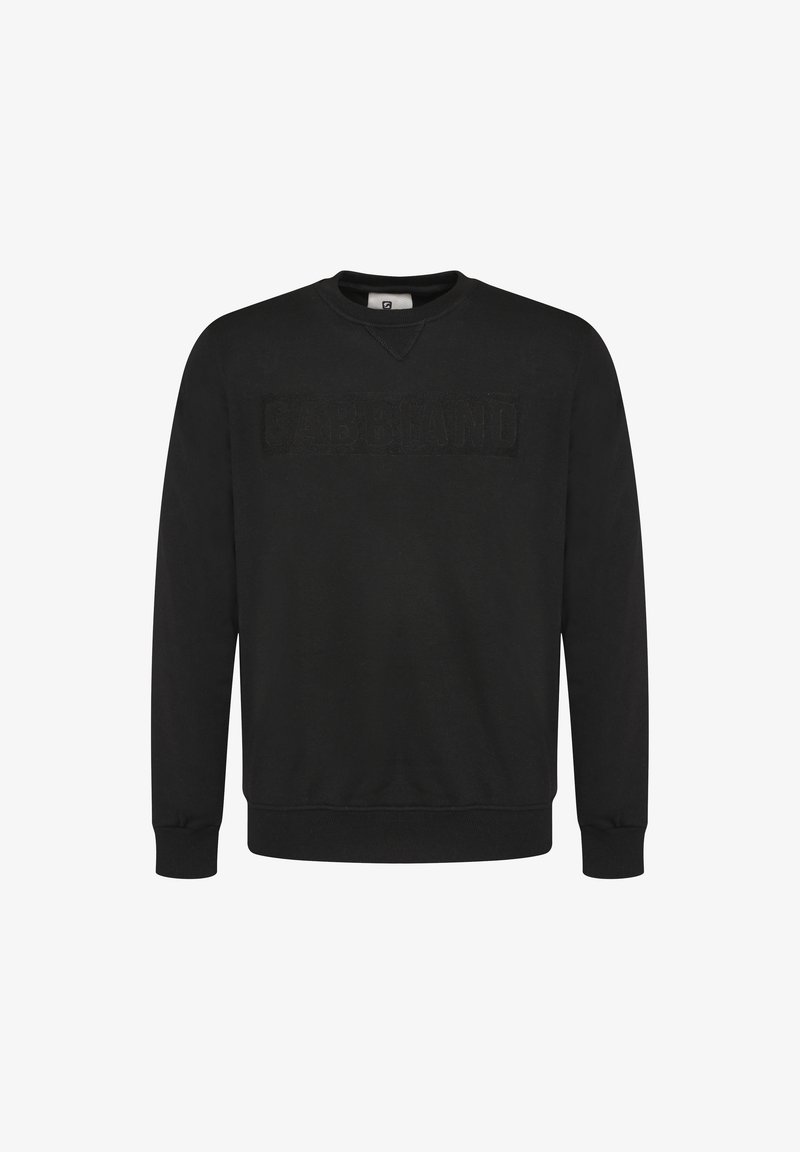 Sweat-shirt noir à manches longues avec col rond, logo texturé sur la poitrine, poignets et ourlet côtelés.