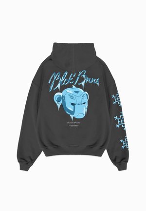 Zwarte hoodie met een blauwe ijzige grafiek van een robotgorilla aan de voorkant, "Blck Bnns" tekst op de achterkant, en blauwe geometrische patronen langs de rechter mouw.