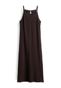 Braunes ärmelloses Kleid mit geradem Schnitt, dünnen Trägern und einem Schlüssellochdetail am Rücken. Glatter Stoff mit Seitenschlitzen.