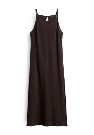 Brown sleeveless dress with a straight cut, featuring thin straps and a keyhole detail at the back. Smooth fabric with side slits.
