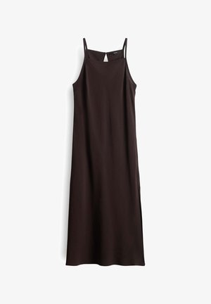 Braunes ärmelloses Kleid mit geradem Schnitt, dünnen Trägern und einem Schlüssellochdetail am Rücken. Glatter Stoff mit Seitenschlitzen.