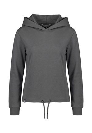 Donkergrijze hoodie met lange mouwen, een trekkoord in de zoom en geribde manchetten, getoond op een witte achtergrond.