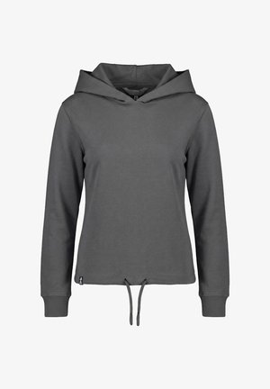 Donkergrijze hoodie met lange mouwen, een trekkoord in de zoom en geribde manchetten, getoond op een witte achtergrond.