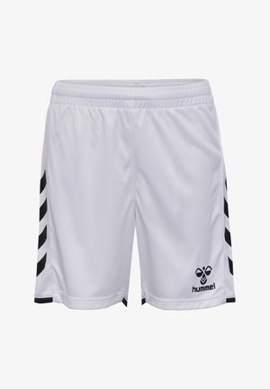 Hvide atletikshorts med sorte chevronstriber på siderne og sort Hummel-logo på venstre ben nederst, med elastisk taljebånd.
