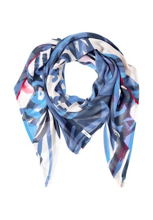 Blaue, weiße und rote abstrakt gemusterte quadratische Schärpe, gefaltet, mit einem kleinen "CECIL"-Etikett sichtbar an einer Kante.