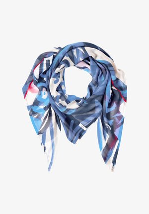 Carré de foulard à motif abstrait bleu, blanc et rouge, plié avec une petite étiquette "CECIL" visible près d'un bord.