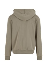 Hoodie in gedempt beige met een gladde textuur, geribde manchetten en zoom, en een losse pasvorm. De achterkant toont het ontwerp van de capuchon.