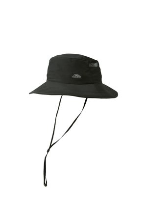 Black bucket hat made from lightweight fabric. Wide brim with a chin strap, featuring mesh detailing on the sides and a small logo patch.