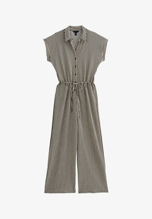 Gestreifter Jumpsuit mit kurzen Ärmeln, durchgehender Knopfleiste, einem Kordelzug in der Taille und weitem Bein in Schwarz und Weiß.