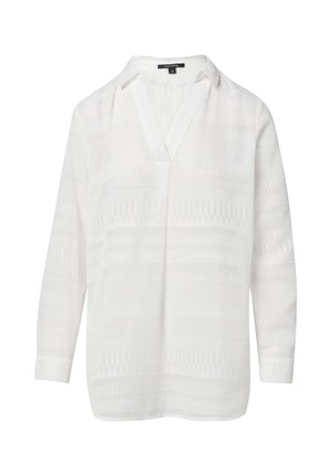 Biała bluzka z teksturowanej tkaniny, z dekoltem w kształcie litery V, długimi rękawami i geometrycznymi wzorami wplecionymi w materiał.