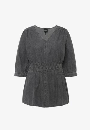 Szara denimowa bluzka z dekoltem w serek, marszczoną talią i rękawami o długości trzech czwartej. Miękka tekstura i prosta, bez ozdób forma.